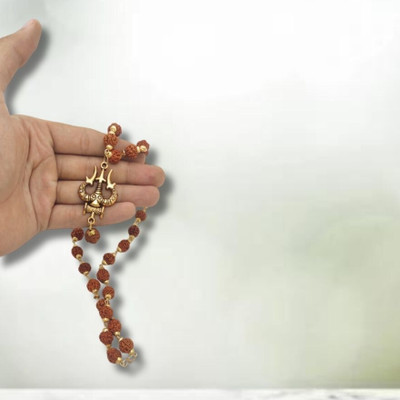 Green Spiritual Shiv Damru pendant With 5 Mukhi Rudraksha Mala For Men Gold-plated Plated Brass Chain Set