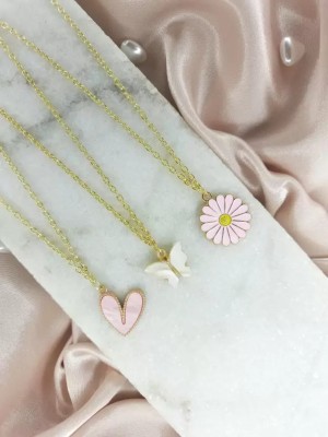 ELIVOR FASHION PINK HEART WHITE BUTTERFLY PINK DAISY PENDENT Brass Necklace