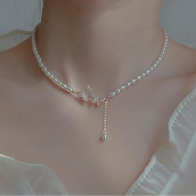 GloAww Luxury Butterfly Korean Pearl Necklace Fancy Choker For Women & Girls Alloy Necklace