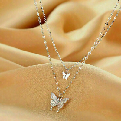 RV YUWON Silver Double layer Butterfly Necklace Cubic Zirconia Silver Plated Stainless Steel Necklace Set