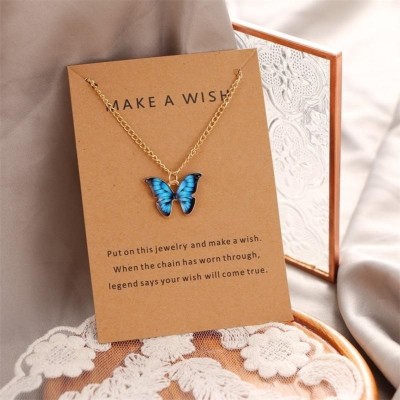 Icandies Blue Butterfly Necklace chain Pendent Korean Style For Women and Girls Gold-plated Plated Alloy Necklace