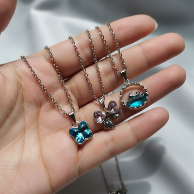 VR Divine Adorn 3 PCS Necklace Set Blue Butterfly, Ribbon & Dolphin Silver Chains for Festivals Diamond Silver Plated Stainless Steel Chain Set