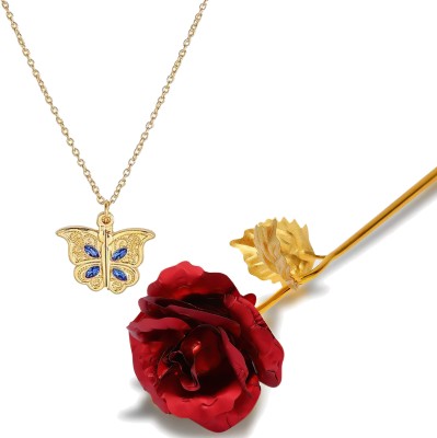 Fashion Frill Valentine Gift For Girlfriend Butterfly Pendant Gold Chain 24k Gold Rose Gifts Cubic Zirconia Gold-plated Plated Stainless Steel Necklace