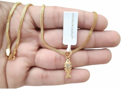 TopShopSurat Fish Daimond Mini Gold Plated With 2 Line Chain Gold Plated Brass Pendant Set Cubic Zirconia Gold-plated Plated Brass Necklace Set