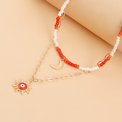 DESTINY JEWEL'S Gold Plated Red Evil Eye with Sunflower and Moon Multilayer Necklace For Women Pearl Gold-plated Plated Alloy Necklace