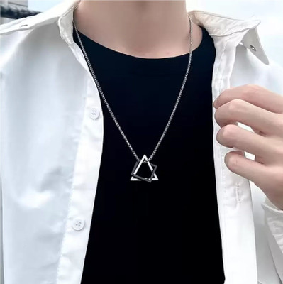 Ruhi Collection Silver Geometric Interlocking Square Triangle Hip Hop Locket Pendant Chain Silver Plated Stainless Steel Chain