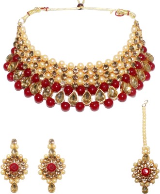 Hemshail Trendy Kundan Wedding Red Choker Jewellery set for Women Diamond Gold-plated Plated Alloy Necklace Set