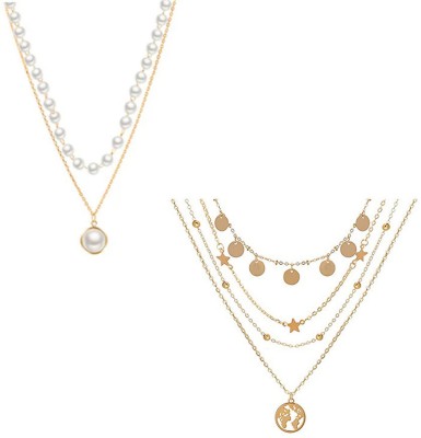 AVIRA ENTERPRISES Pack of 2 Multi Layered Star & World and Layered Pearl Shallow Necklace Pendent Gold-plated Plated Alloy Layered