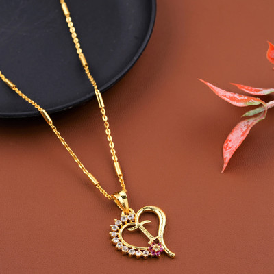 CLONEO T Alphabet Word Letter in Heart Shape with American Diamond Attached Gold-plated Plated Alloy Chain
