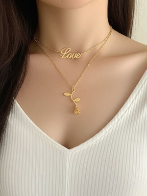 Dressberry Double Layered Rose Love Word Pendant Necklace For Girls And Women Gold-plated Plated Alloy Necklace