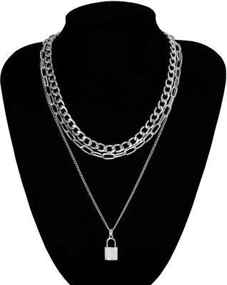 Vembley Special Three Layered Silver Studded Lock Pendant Necklace For Girls Silver Plated Alloy Necklace