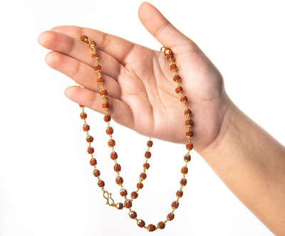 Malas Collection Golden Color Cap Rudraksha Panchmukhi 7-8mm Round Beads Rudraksha Jaap Mala Wood Chain
