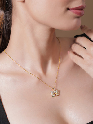 RUBANS 18K Gold Plated Stainless Steel Tarnish-Free CZ Studded Bow Pendant Necklace Gold-plated Plated Brass Necklace