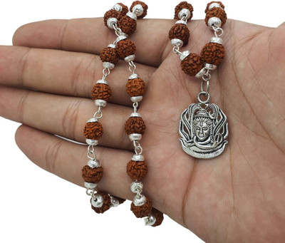 Fine Creation Most Demanded Bhagwan Mahadev Dotted Locket Pendant With 5 Mukhi Rudraksha Mala Beads Silver Plated Brass, Wood Chain