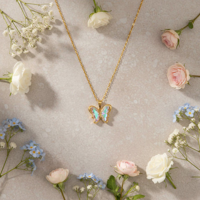 VR Divine Adorn Elegant Golden Butterfly Necklace with Bright Multicolor Crystal Wings Gold-plated Plated Stainless Steel Chain Set