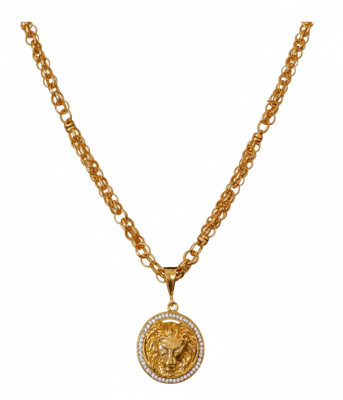 JS Gold Plated Lion Head Pendant Necklace for Men (Designer Pendant with Chain) Brass Plated Brass Necklace Set