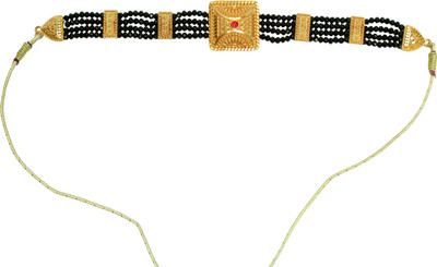 Uttarakhand Handicrafts Square Gold-Plated Pendant Black Beads Choker Necklace with Red Stone Crystal Gold-plated Plated Alloy Choker
