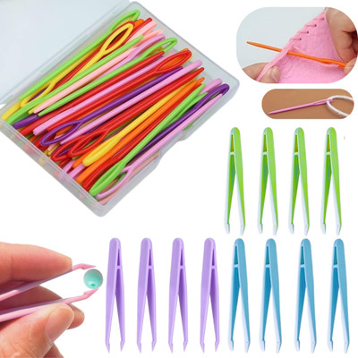 Artonezt Large Eye Plastic Needles with Plastic Craft Tweezers for kids Hand Sewing Needle(Knitting Needle Needle, Embroidery Needle 2.75 cm Pack of 50)