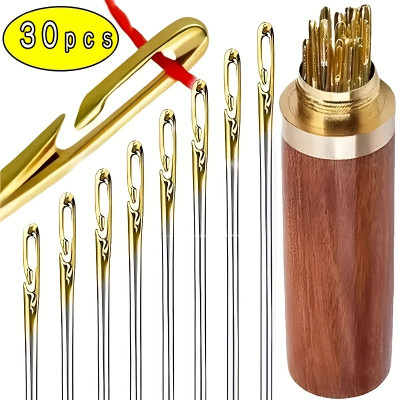 Ashmakam 30pcs Long Eye Self Threading Needles – With Case for Sewing & Crochet Hand Sewing Needle(Ball Point Needle 30pcs Self Threading Quilt Needles (3.6–6.7cm) with Wooden Storage Case Pack of 30)