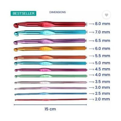 HINSHITSHU Crochet Hook Set – 12 Pcs (2mm to 8mm) | Multi-Color Aluminium Knitting Needles Hand Sewing Needle(Crochet Needle 15 cm length, 2mm to 8mm Pack of 12)