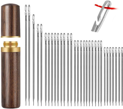 sitsra 30pcs Self-Threading Quilting Needles with Wooden Case Hand Sewing Needle(Ball Point Needle 3.6–6.7cm Pack of 30)