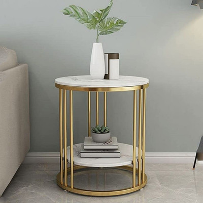 MS Creation Center Round Coffee Table for Living Room Metal Frame with MDF Top Golden and White Metal Nesting Table(Finish Color - GOLD, Set of - 1, Pre-assembled)