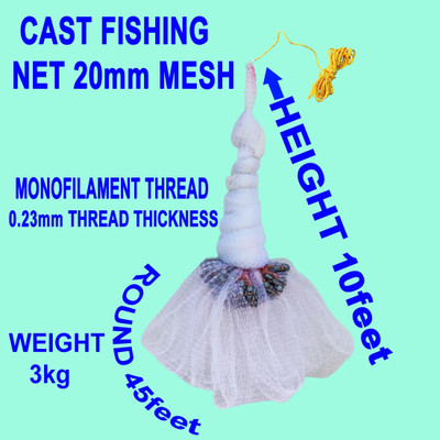 PURKAIT FISHNET CAST FISHING NET MONOFILAMENT THREAD HEIGHT 10f,ROUND 45f,20mm MESH,WEIGHT 3kg. Fishing Net(White)
