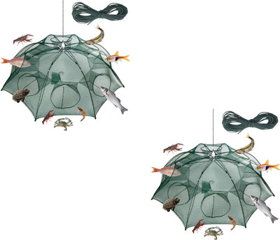 PROBEROS Folded Angling Fishing Net Bait Fish Trap Cast Net with 8 Sides 8 Holes Design Fishing Net(Green)