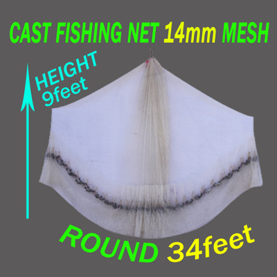 KVFISHNET CAST FISHING NET 14mm MESH(GAP), ROUND 34feet, HEIGHT 9feet, WEIGHT 2.5kg Fishing Net(White)