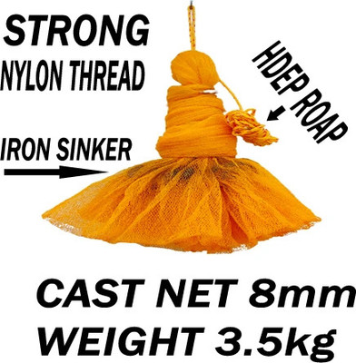 PURKAIT FISHNET Hand throwing cast net 8mm 3.5kg 10ft height 44ft round with iron sinker. Fishing Net(Yellow)