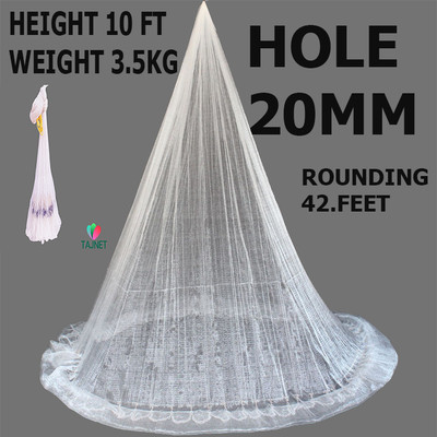 TAJNET CAST NET 10FT HEIGHT NYLON THREAD 1+2 MESH 20MM 42FT ROUND 3.6KG IRON SINKER Fishing Net(White)