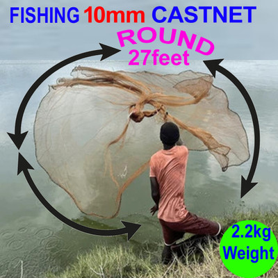 KVFISHNET CAST FISHING NET 10mm MESH(GAP), ROUND 27feet, HEIGHT 7.5feet, WEIGHT 2.2kg Fishing Net(White)