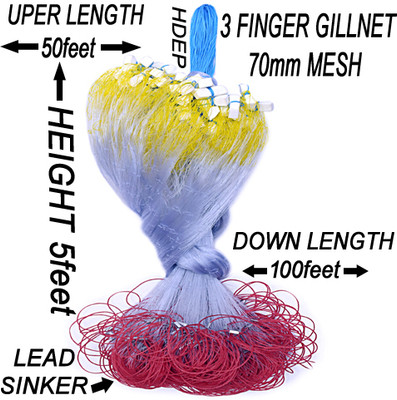 PURKAIT FISHNET 3 FINGER 70mm GILLNET LEAD SINKER, HEIGHT 4F, UP LENGHT 50F, DOWN LENGHT 100F Fishing Net(Multicolor)