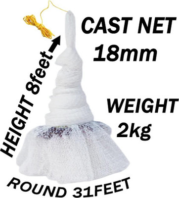 A to Z FISHING CAST NET 18mm MESH 8F HEIGHT 31F ROUND 2kg NYLON THREAD WITH IRON SINKER Fishing Net(White)