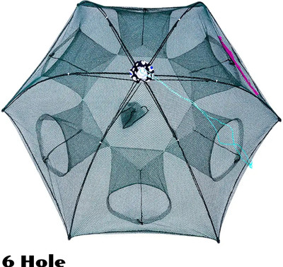 SPYROKING 6 Holes Automatic Shrimp Cage Bait Fish Nylon Foldable Crab Fishing Trap Cast Fishing Net(Green)