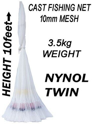 A to Z CAST FISHING NET, HEIGHT 10feet, ROUND 46feet, 10mm MESH, WEIGHT 3.5kg. Fishing Net(White)