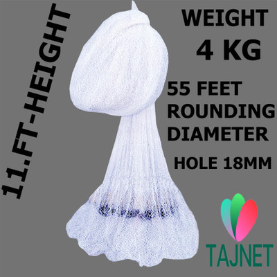 TAJNET CASTNET 11,FEET HT 4KG WEIGHT 18MM NYLON THREAD 1NO+2NO 55FT ROUNDING DIAMETER Fishing Net(White)