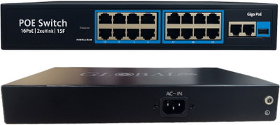 GLOBALEYE 16-Port AI PoE Switch with 2 Gigabit Uplinks & 1 SFP – 250W | CCTV & NVR Ready 16 Ports 1000 Mbps Unmanaged Network Switch(Black)