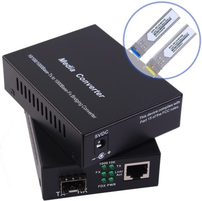 HANUTECH 1.25G Gigabit Ethernet Fiber Media Converters with SFP LC Single Core Transceiver Module, Single-Mode LC, SMF RJ45 to SFP Slot up to 20KM, 10/100/1000Base-Tx to 1000Base-SX 2 Ports 1000 Mbps Network Switch(Black)