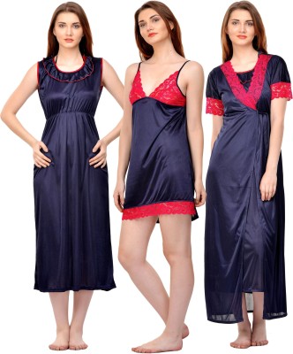 ROWENA Women Nighty with Robe(Dark Blue)