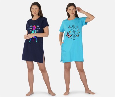 DreamBe Women Nightshirts(Dark Blue, Light Blue)