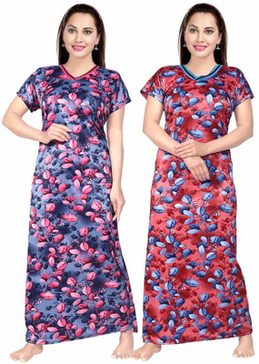 Savicreation Women Nighty(Light Blue, Purple)