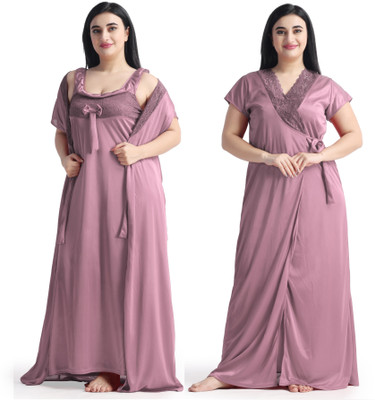 NIGHT KEYS Women Nighty with Robe(Pink)