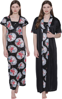 ROWENA Women Nighty with Robe(Black)