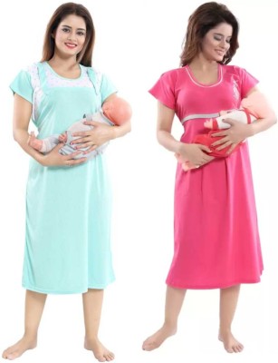 Eladystore Women Maternity/Nursing Nighty(Light Green, Pink)