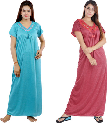 NACNO Women Nighty(Blue, Maroon)