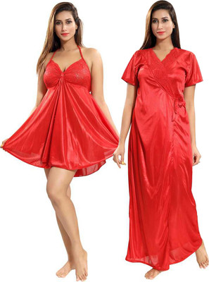 Fashonic Women Nighty with Robe(Red)