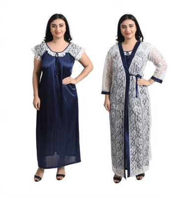 Fetify Women Nighty with Robe(Blue, White)