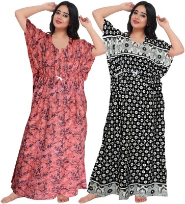 Khushi Print Women Nighty Set(Orange, Black)