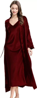 zulovia Women Nighty with Robe(Maroon)